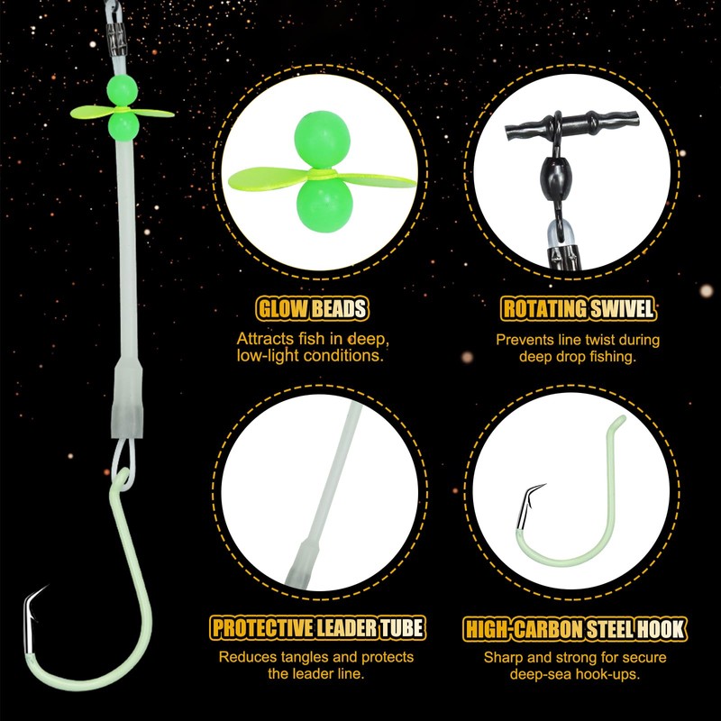 CWSDXM 2-Pack Luminous Deep Drop Rigs, 3 Circle Hooks 8/0