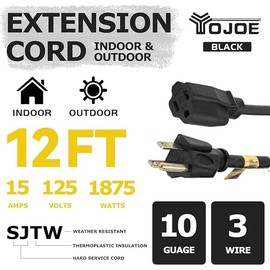 YOJOE 10/3 12 ft Black Outdoor Extension Cord - Heavy Duty 10 Gauge Extension Cord SJTW 3 Prong Waterproof for Outdoor Decorations Gardening, Lighting, Camping, High Power Appliances, UL Listed