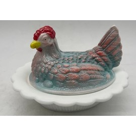 Covered Chicken Dish - Glass 2 Piece Hen on Wide Rim Base - Rosso Exclusives - American Made - Mosser Glass USA (Milk Glass) (Cotton Candy Red)
