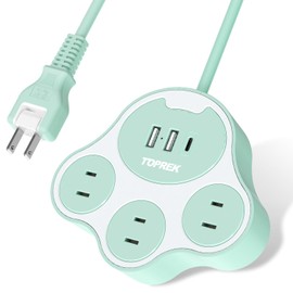 TOPREK Cat Paw Shaped Power Strip, Blue, USB Outlet, Extension Cord, 3.9 ft (1.5 m), 3 AC Outlets, 2 USB-A Ports, 1 USB-C Port (USB-C 20W, PD3.0, Rapid Charging), 1500W/12A, 180° Swing Plug, Lightning