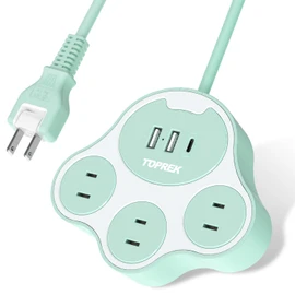 TOPREK Cat Paw Shaped Power Strip, Blue, USB Outlet, Extension Cord, 3.9 ft (1.5 m), 3 AC Outlets, 2 USB-A Ports, 1 USB-C Port (USB-C 20W, PD3.0, Rapid Charging), 1500W/12A, 180° Swing Plug, Lightning