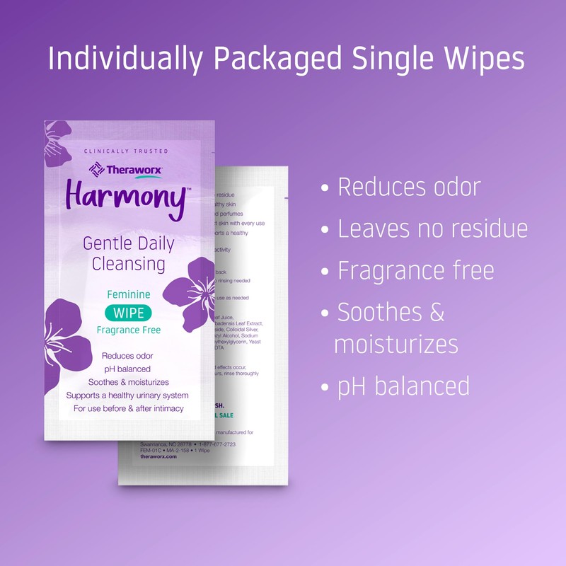 Theraworx Harmony Gentle Daily Cleansing Feminine Wipes Fragrance Free, Reduces