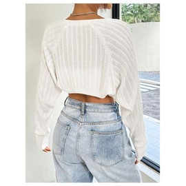 RoseSeek Women's Long Sleeve Open Front Crop Cardigan Drop Shoulder Bolero Shrug Lightweight Sweater White Large