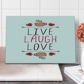 Ambesonne Live Laugh Love Cutting Board, Valentine's Day Theme Typographic Banner Heart Shaped Cookies and Tea Cup, Decorative Tempered Glass Cutting and Serving Board, Large Size, Multicolor