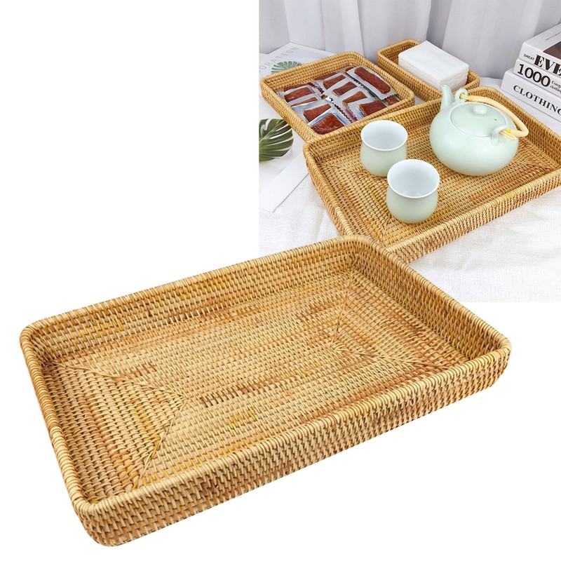 Rattan Tray Tabletop Organization Hand Woven Snack Storage Basket Multifunctional