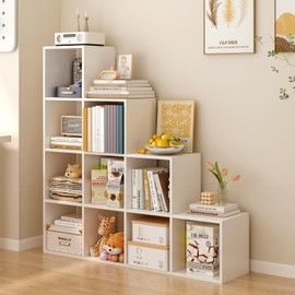 OSCHF Ladder Cube Storage Bookcase - Wooden L-Shaped 4-Tier Corner Shelf, Reversible 10-Cube Organizer for Home & Office, White