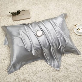 Juwenin Home Silky Satin Pillowshams Set for Hair - Pillowcase Covers with Envelope Closure -Cool and Easy to Wash -Set of 2 - Only Pillow Cover No Insert (Silver, Standard(50x70+4cm))