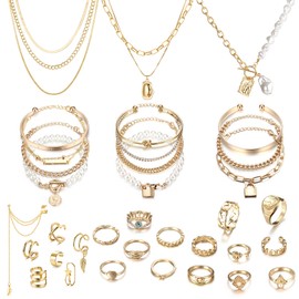 JeryWe 35 Pcs Gold/Silver Plated Jewelry Set with 3 Pcs Pendant Necklace 11 Pcs Layered Bracelet 7 Pcs Ear Cuffs Earring 14 Pcs Knuckle Rings for Women Birthday Friendship Gold