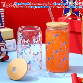 Sliner 2 Pcs Patriotic Bow Glass Cups 4th of July Gifts Drinking Tumbler 16 oz Iced Coffee Cup with Lid Straw Cleaning Brush for Independence Day Summer Home Office Decorations