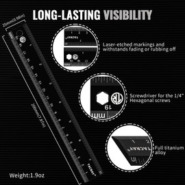 TACRAY Titanium Straight Ruler with Both CM & INCH Linear Measure, 19cm Anti-skidding, Multiple-Functional with 1/4" Hexagonal Screwdriver (Black)
