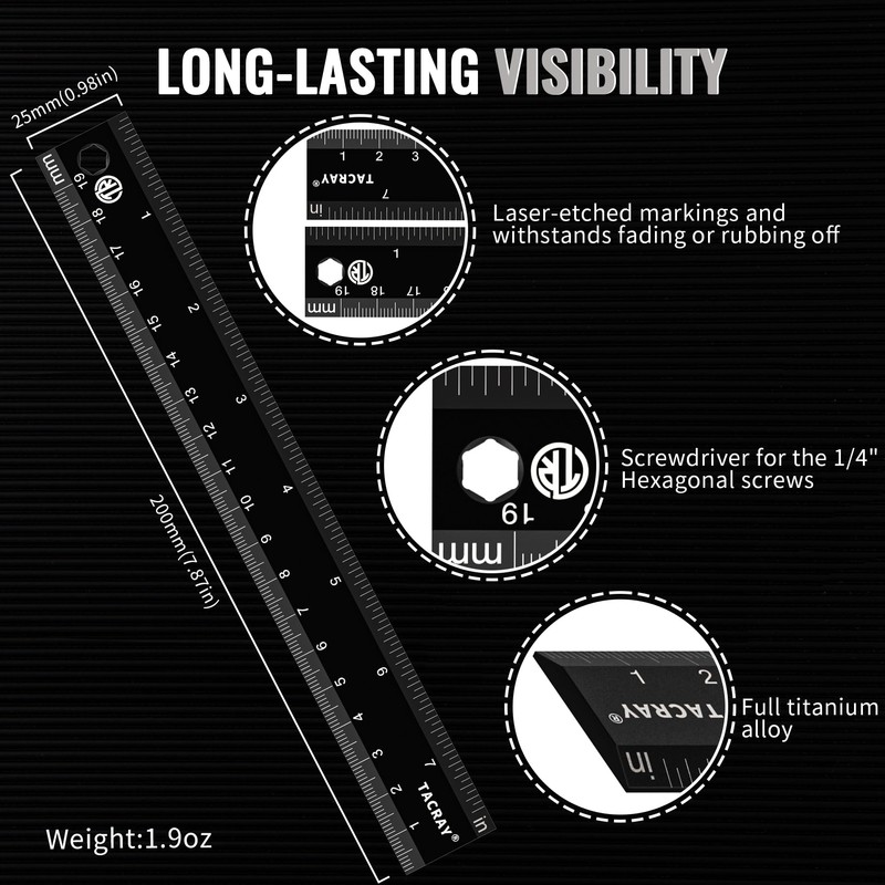 TACRAY Titanium Straight Ruler with Both CM & INCH Linear