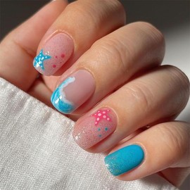 Square Press On Nails Short Fake Nails Starfish With Sea Glitter Design Blue False Nails Summer Glue On Nails Acrylic Full Cover Artificial Nails Glossy Stick On Nails For Women Manicure Art 24pcs