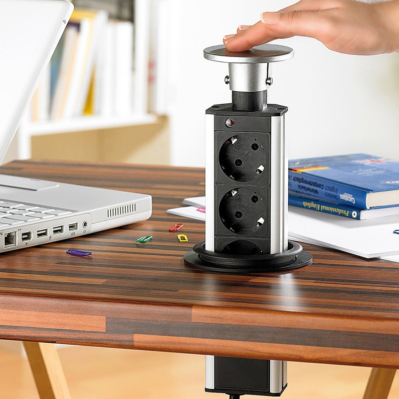 Revolt Recessed Socket: Retractable Table 3-Way Socket Strip in Aluminium