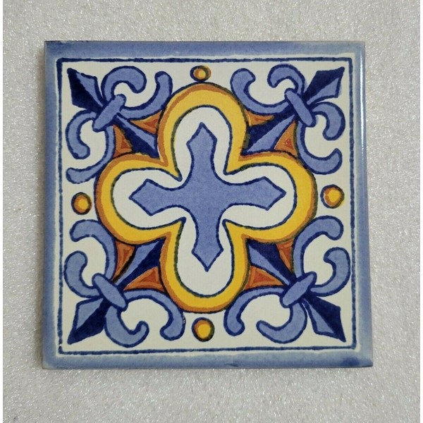 Glossy "Blue Fleur De Lis Cross" Mexican Talavera Ceramic Tiles 4x4