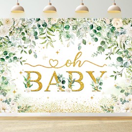 Greenery Oh Baby Backdrop for Baby Shower 8x6FT Gold Eucalyptus Leaves Gender Neutral Decorations Photography Background Newborn Party Banner Decor Supplies Photo Props