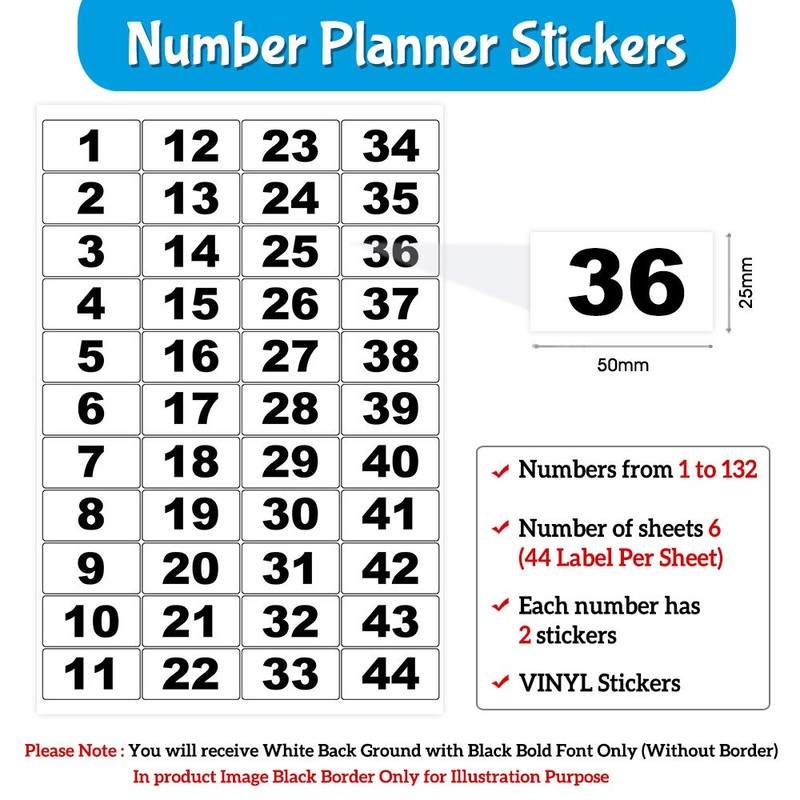 Pack of 44 Labels Per Sheet (1 to 132) Waterproof