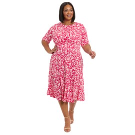 London Times Women's Dresses Printed Matte Jersey A-Line Midi, Rose Red/Soft White, 20