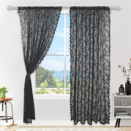 GYROHOME Floral Lace Sheer Curtains, Rod Pocket Window Voile Sheer Drapes for Bedroom, Vintage Style Single Panel Textured Sheer Curtains,Black-57x84inch