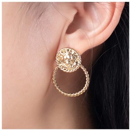 Inilbran Boho Lion Circle Stud Earrings Vintage Gold Round Lion Earrings Hammered Exaggerated Circle Earrings Gothic Hollow Circle Lion Earrings Jewellery for Women and Girls, Alloy Steel