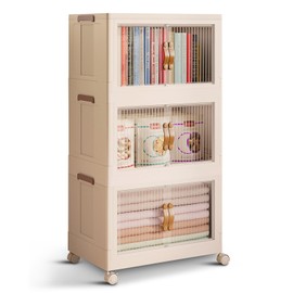 STORAGEBUD 3 Tier Plastic Stackable Storage Bins Open Front with Lids & 360° Wheels 35 QT - Collapsible Storage Bins Home Office Closet Storage Organization, Foldable Clothes Storage Cabinet, 8.8 GAL