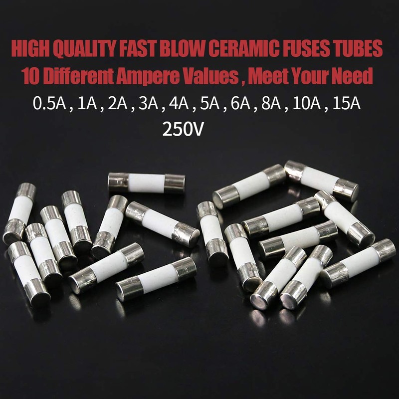 Hilitchi 100pcs 250V 0.5A to 15A Fast Blow Ceramic Fuses