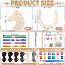 Blueweenly 24 Pcs Wooden Horse Crafts for Kids Wind Chime Painting Kit with Yarn Sticker Make Your Own Horseshoe Unicorn Western Ornament DIY Cowboy Craft for Derby Horse Party Favors Christmas Gift