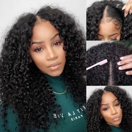 UNILO V Part Wig Human Hair No Leave Out Upgrade Curly V Part Wig Human Hair Wig for Women 150% Density V Part Wig No Glue No Sew Clip In Half Wig Natural Color 20 Inch