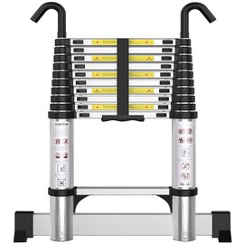 Telescoping Ladder with Hooks 10.5 FT - Aluminum Telescopic Ladder with Stabilizer - Retractable Extension Ladders for Home Loft Roof RV Work with EN131 Certification - 330lbs Max Capacity