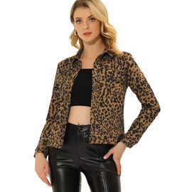 Allegra K Women's Turn-Down Collar Flap Pockets Snap Button Faux Suede Jacket Medium Brown-Leopard