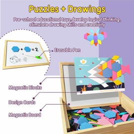 HERQUEEN Wooden Pattern Blocks Set, 231 PCS Magnet Pattern Blocks, a Pattern Book and 9 Double-Sided Puzzle Cards, Tangrams for Kids Ages 3+, Early Math Geometric Shapes Concepts Learning Resource