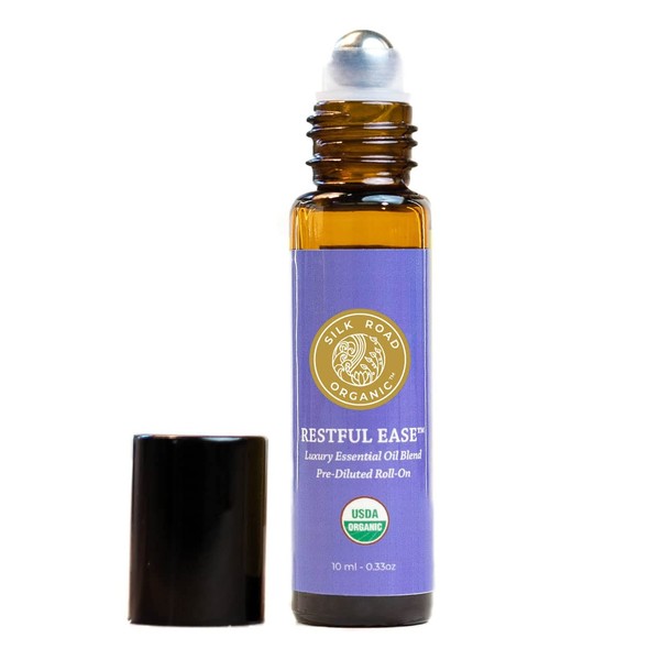 Organic Restful Ease Essential Oil Sleep & Stress Blend Roll On - 100% Pure USDA Certified with Indian Sandalwood - Stress Ease Aromatherapy & Calming Relaxation - 10 ml Roller by Silk Road Organic