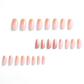 BAOYAALIN Orange Ombre Press on Nails Short Medium Coffin Fake Nails with Glitter Design Glue on Nails for Women Girls Acrylic Ballerina False Nails Stick on Nails Press on Nail for Wedding 24Pcs