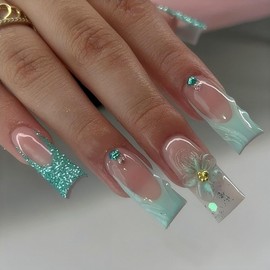 Rchovsam xl Press on Nails Long Square Nails Press Ons French Green Floral Design False Nails Acrylic Full Cover Fake Nails Gift for Women 24pcs