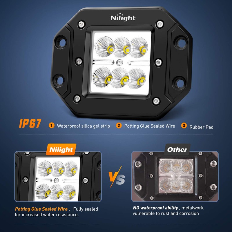 Nilight 2PCS 18W Flood Flush Mount LED Work Light Fog