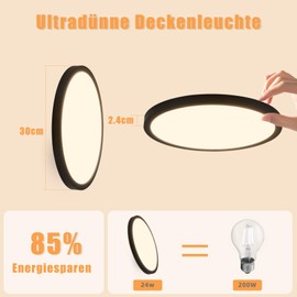 cupgow LED Ceiling Light Black Round - Ceiling Light Flat Diameter 30 cm Kitchen Lamp 24 W Hallway Lamp 3000 K Modern Ceiling Lamp for Bedroom Living Room Kitchen Balcony Office Cellar Hallway