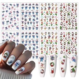 8 Sheets Christmas Nail Stickers Cute Xmas Nail Decals 3D Self Adhesive Nail Design Supply Blue Pink Monsters Cartoon Duck Cat Nail Decals for Women Girls DIY Snowflake Santa Claus Nail Decoration