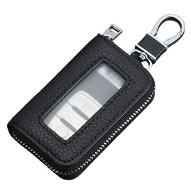 OUDQFCJ Tragbares Leder Auto Schlüsseletui, Autoschlüssel Tasche mit Transparentem Fenster, Autoschlüsselhülle, Metallhaken und Reißverschluss (für Männer und Frauen)