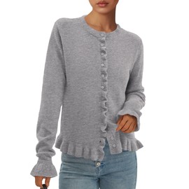 PRETTYGARDEN Womens Fall Button Down Cardigans Chunky Knit Ruffle Open Front Cropped Cardigan Sweaters Soft Long Sleeve Tops (Grey,X-Large)