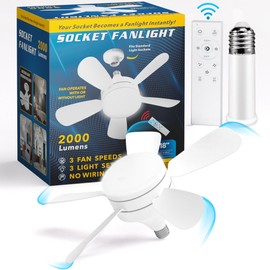 Telylou Socket Fan Light with Remote16.5 Inch Screw In Ceiling Fans with Lights 1000 Lumens 6 Colors 3000K-6000K Dimmable Bulb with Socket Fan Extender for Bedroom, Kitchen, Living Room, Small rooms