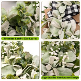 Lambs Ear Eucalyptus Front Door Wreath Year Round, 20" Handmade Green Farmhouse Spring Summer Wreath for Porch Wall Outdoor Indoor Home Decorations