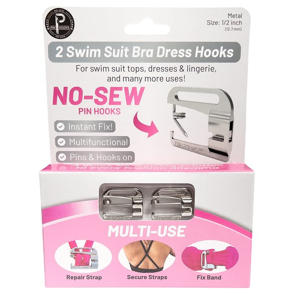 STRAP N' GUARD (No Sew) Swimsuit Bra Hooks Replacement, ½ Inch, Metal, Pin Hooks by Pin Straps (2)