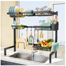 YKLSLH Over The Sink Dish Drying Rack Extendable (24.8 "-35.4") 3 Tiers 6 Baskets，Large Dish Drying Rack, Open Type Kitchen Use, Kitchen Cutlery Drainer Iron Storage Counter Organizer