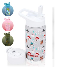 FAHRMOSIS 14 oz Kids Water Bottle | Insulated Water Bottle with Straw & 2 Lids | Reusable Double Insulated Water Bottle - Leakproof Kids Water Bottle for School & Outdoor Activities - White (Winter)