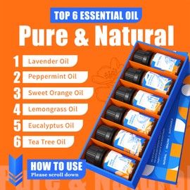 HIQILI Essential Oils for Diffusers for Home，Top 6 Gift Essential Oil Set，Include Lavender, Orange, Peppermint, Tea Tree, Eucalyptus, Lemongrass，Beginner Kit（10ML*6）