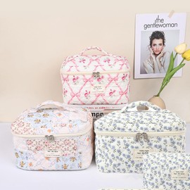 Waltonalice 3 teiliges Reise Kosmetiktasche Set Damen Make up Bag Aesthetic Blumen Große Kulturbeutel Niedliche Make-up-Tasche aus Baumwolle Waschtasche Tragbare Travel Essentials für Frauen Blau