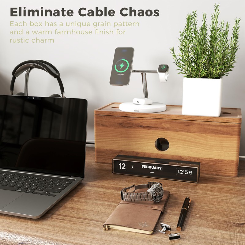 Acacia Wood Cord Organizer, Large Cable Management Solution, for Power