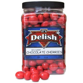 Gourmet Red Chocolate Covered Cherries by It's Delish, 3 lbs Jumbo Reusable Container | Premium Red Milk Chocolate Coated Dried Cherries - Kosher Dairy