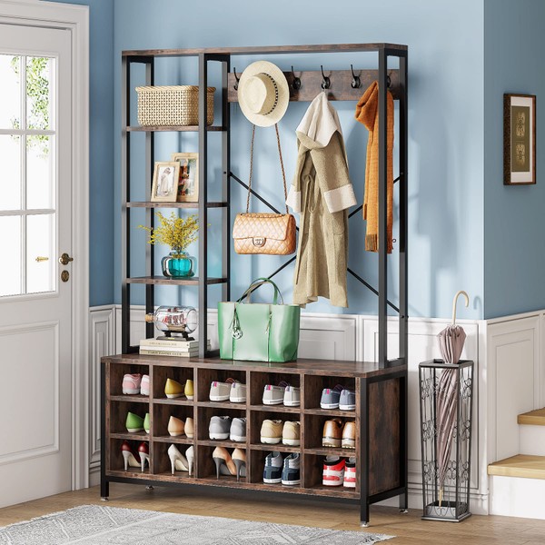 Tribesigns Entryway Bench with Coat Rack Hall Tree with Bench and Shoe Storage Shelves, Industrial Mudroom Bench with Shoe Storage and Coat Rack Hooks, Furniture for Hallway, Bedroom