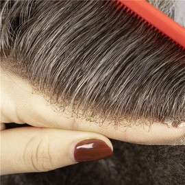LLWear Toupee for Men Human Hair Mens Hair Pieces 0.06mm Soft Thin Skin Single Knotted Natural Wavy Men's Hair Replacement System with 8¡Á10 inch Cap (PU skin with lace front, #1B50)