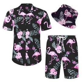 Angenster Hawaii Shirt Men, 3 Pieces Hawaii Outfit Men's Festival Outfit with Fishing Hat Hawaiian Shirt Shorts, Summer Shirt Men's Flamingo Floral Beach Shirt Wrinkle Free Holiday Shirt Set